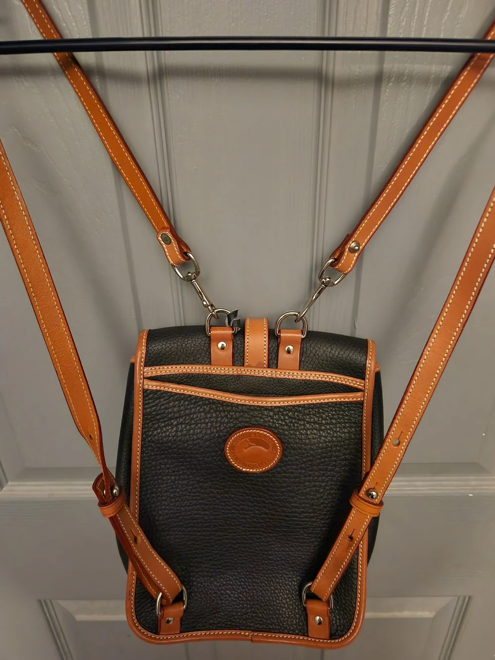 Vintage Dooney & Bourke Black Pebbled Leather Backpack with Tan Trim
